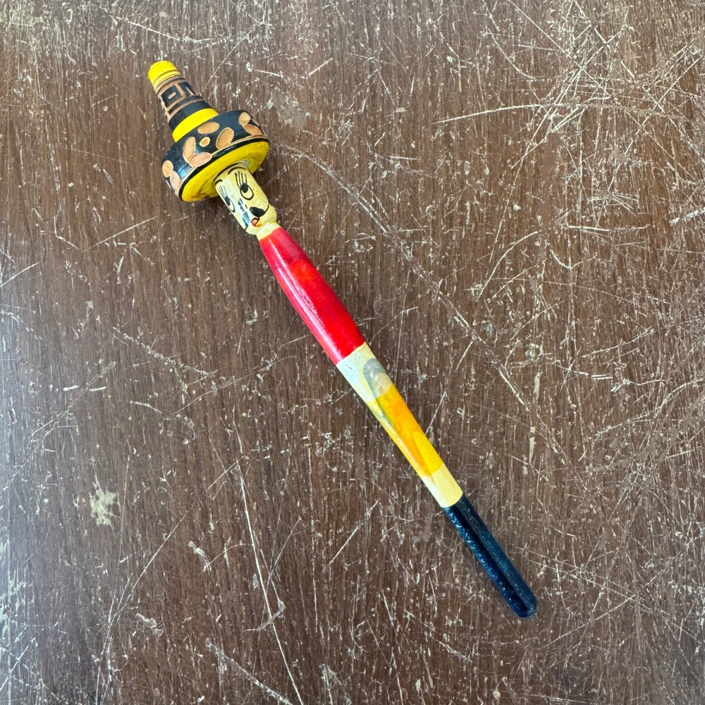 Vintage Mexican Folk Art Hand Painted Wooden Siesta Man Sombrero Novelty Pen
